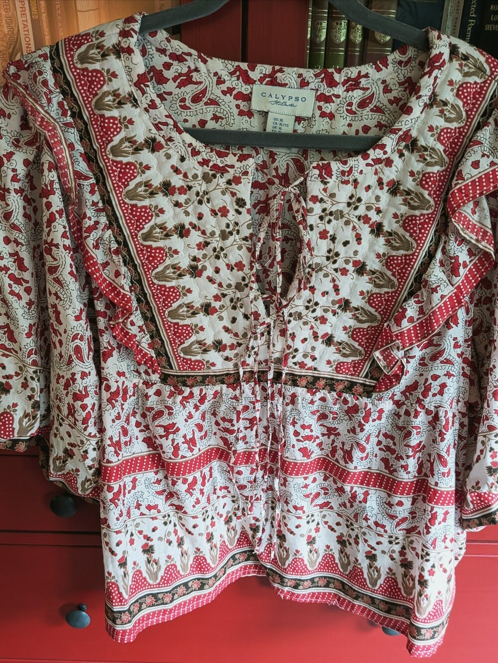 Calypso St. Barth Puff Sleeve Quilted Peplum Unique Patterned Cotton Ruffle